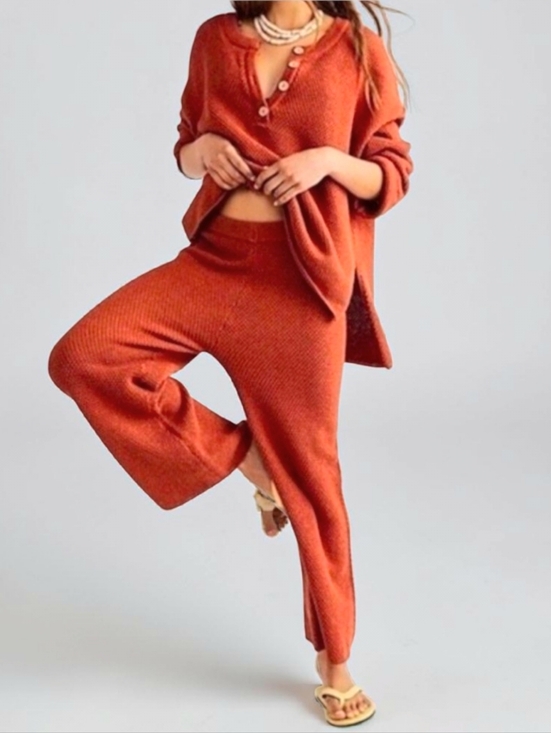 Free People Pants - Free People Beach Hailee Waffle Knit Set Womens S Burnt Orange Wide Leg Henley